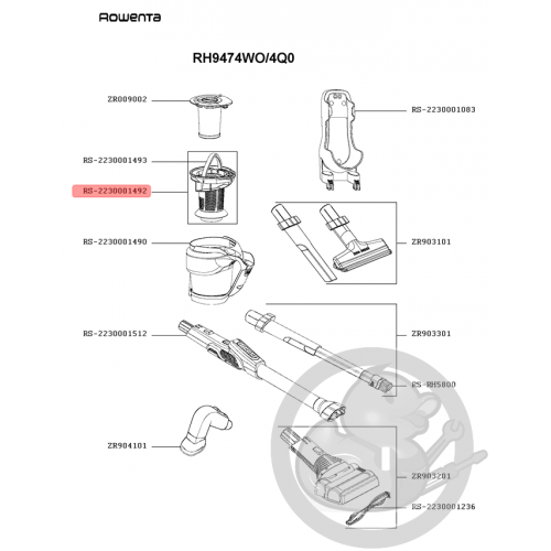 Séparateur + poignée orange aspirateur Rowenta Seb RS-2230001492