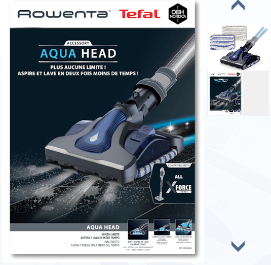 Rowenta Brosse Lavante 2-en-1 Aqua Pour Aspirateur Balai X-Force – Aspire Et Lave En Même Temps, Réservoir Amovible, Gris/Bleu